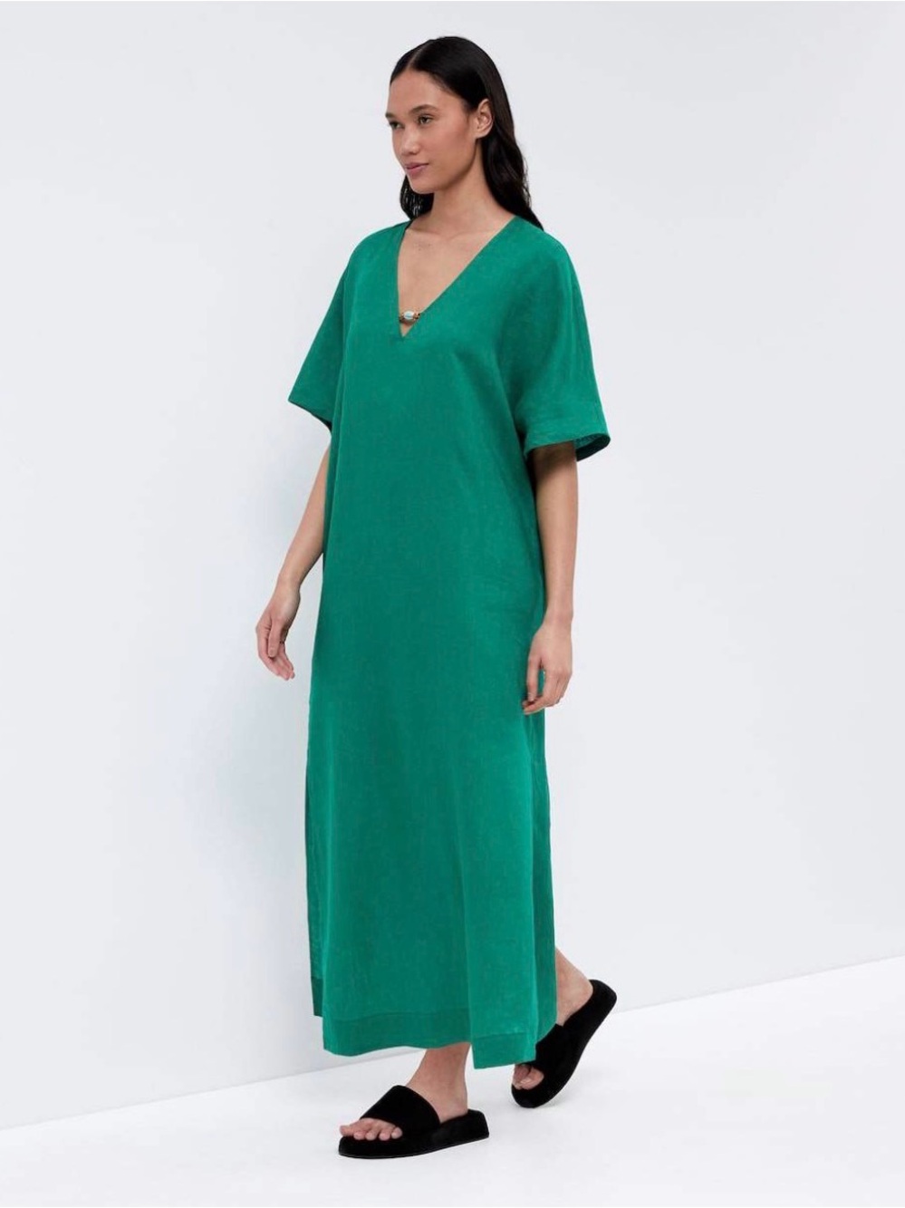 OYSHO 100% lino V-Neck Midi Dress in Deep Green